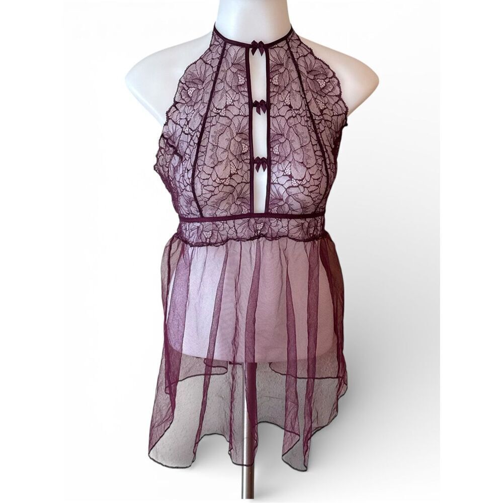 VICTORIA'S SECRET Burgundy Lace Halter Babydoll Lingerie Top Large